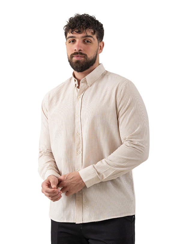 قميص كتان مقلم - تصميم 1 - بيج