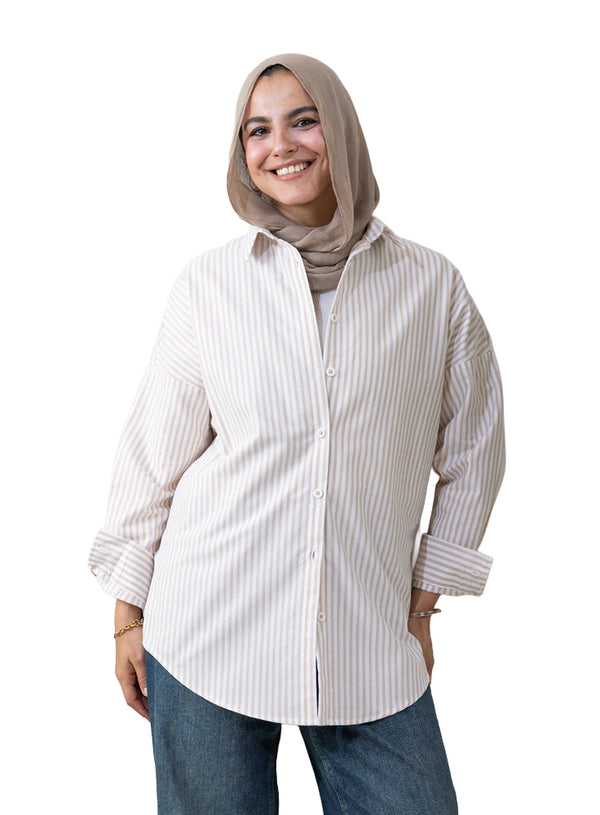 Beige-Design 2 Stripped Over-Size Shirt