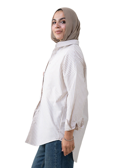 قميص مقلم اوفر سايز تصميم 2 - بيج