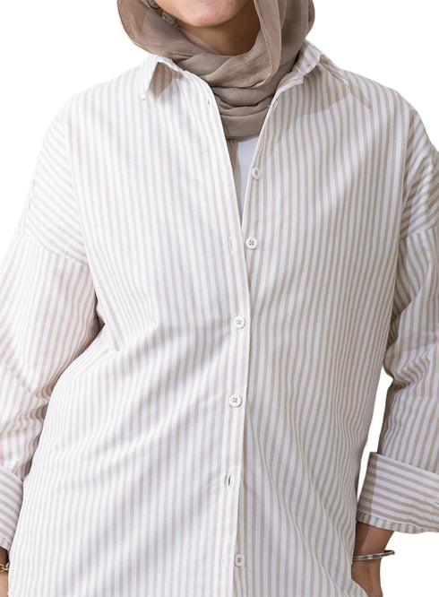 قميص مقلم اوفر سايز تصميم 2 - بيج