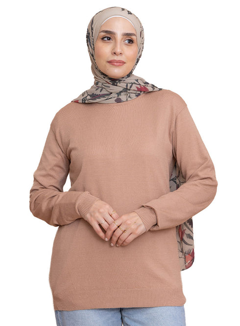 Beige Round Knit Pullover