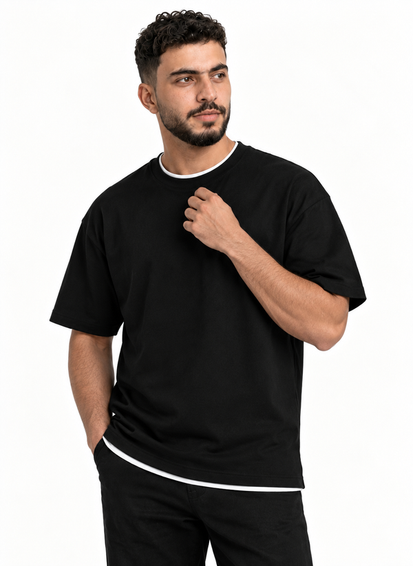Black Double-Layerd Oversize Round T-Shirt