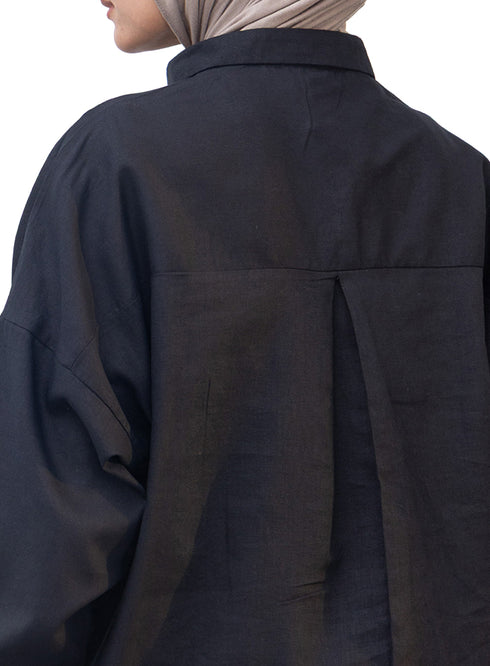 Black Pocket Over Size Linen Shirt