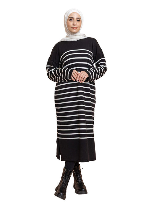 فستان مقلم طويل -أسود