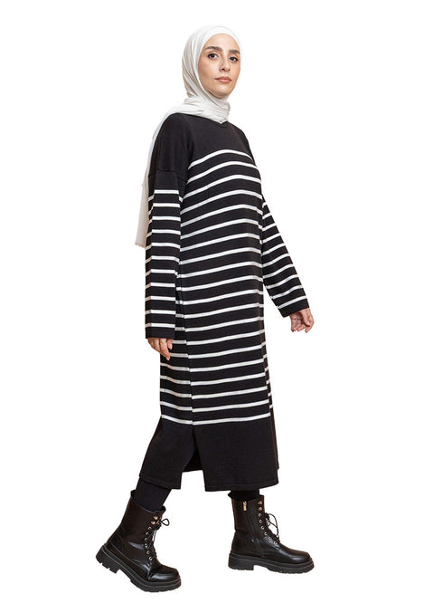 فستان مقلم طويل -أسود