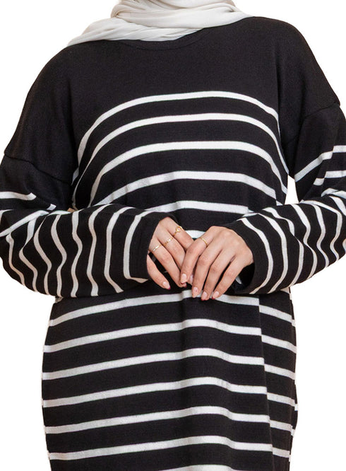 فستان مقلم طويل -أسود