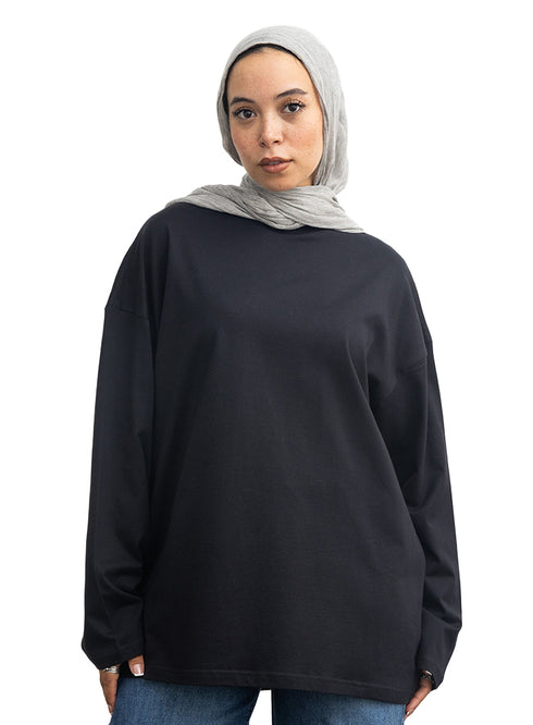 Black V-Over Size Long-Sleeve