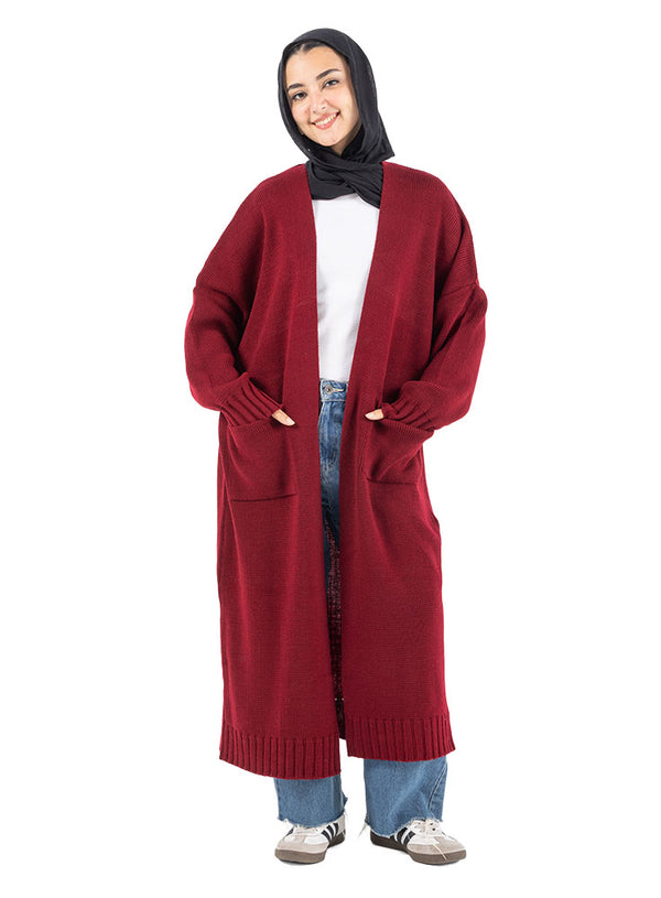 Brick Red Knitted-Long Cardigan