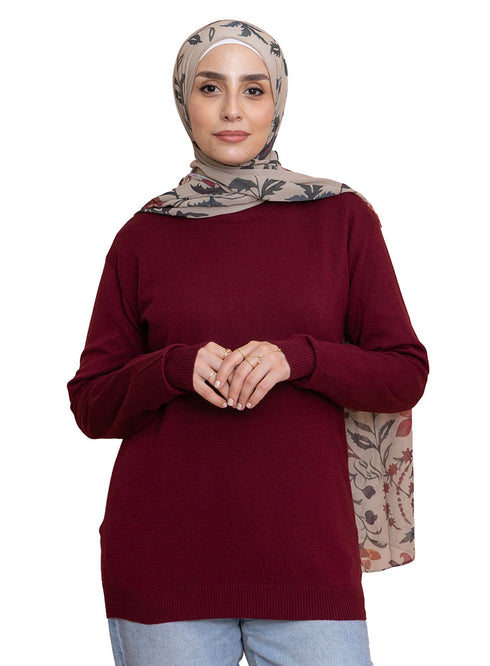 Brick Red Round Knit Pullover