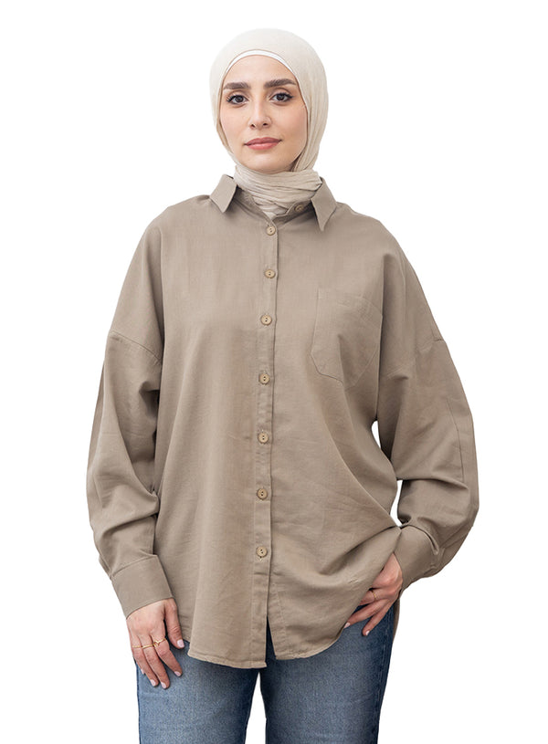 Coffee Pocket Over Size Linen Shirt