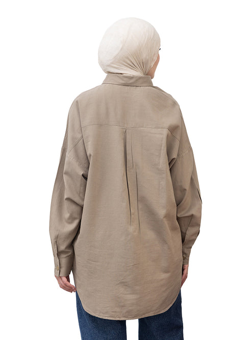 Coffee Pocket Over Size Linen Shirt
