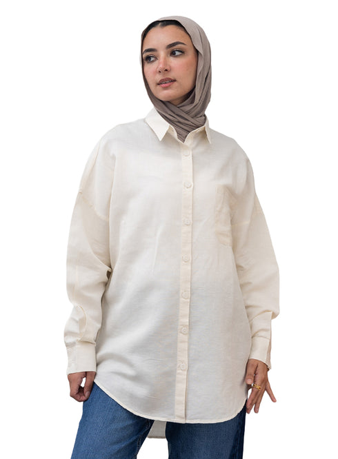 Creamy Pocket Over Size Linen Shirt