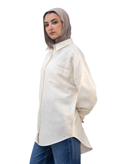 Creamy Pocket Over Size Linen Shirt