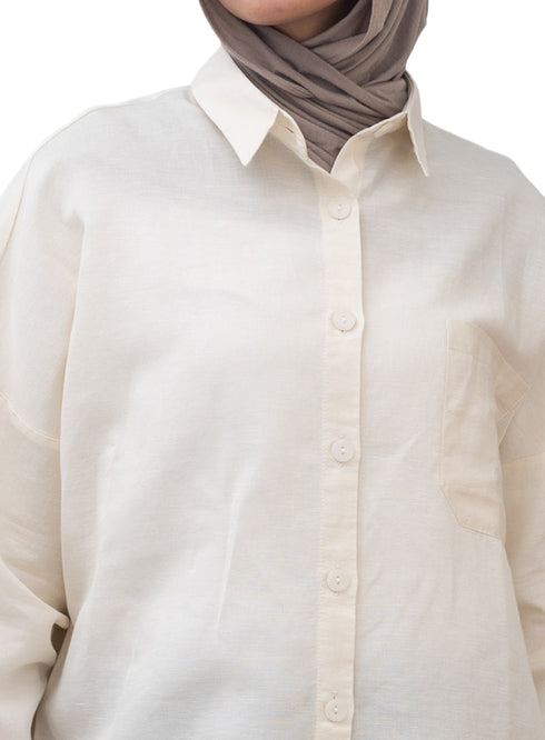 Creamy Pocket Over Size Linen Shirt