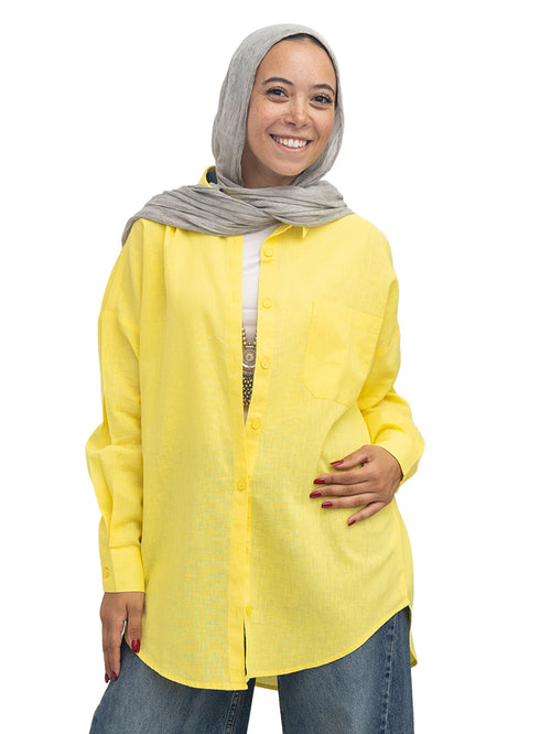 Cyber Yellow Pocket Over Size Linen Shirt