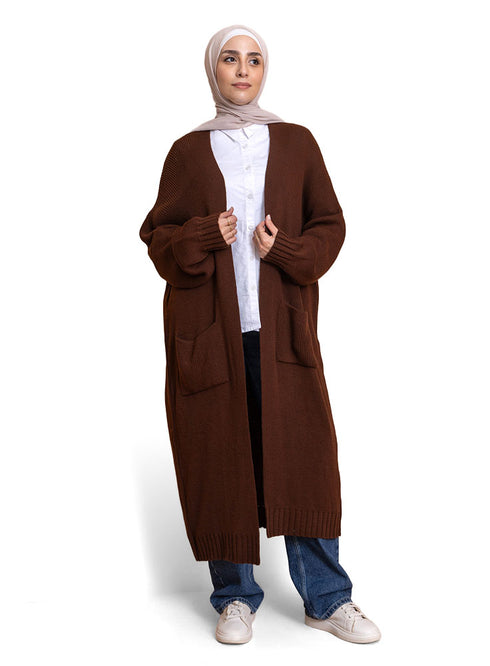 Dark Brown Knitted-Long Cardigan