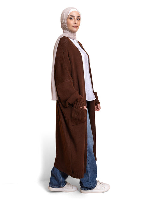 Dark Brown Knitted-Long Cardigan