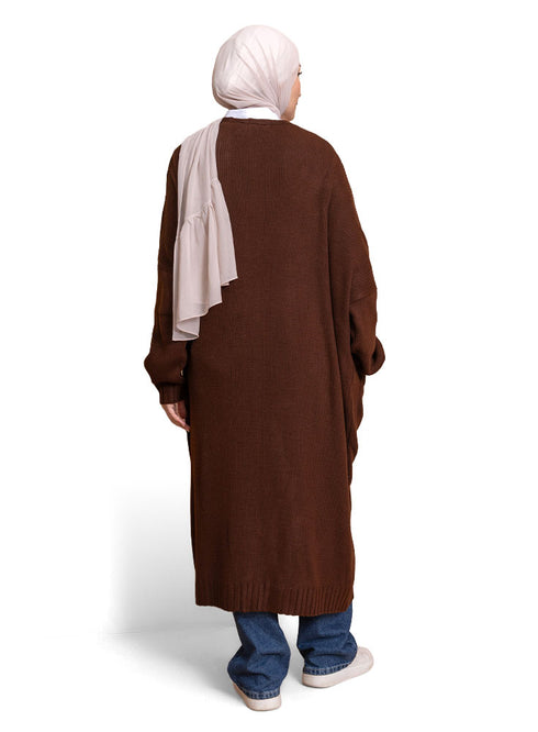 Dark Brown Knitted-Long Cardigan