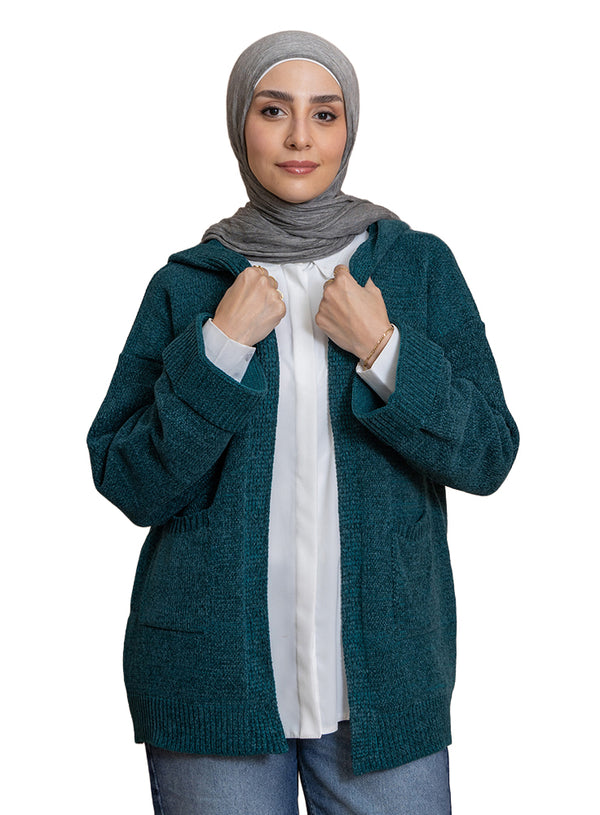 Green Olive Pocket Velvet Cardigan