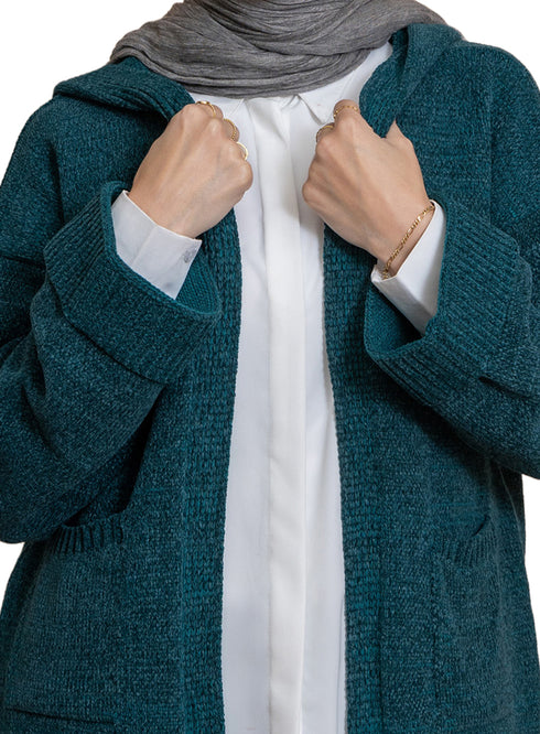 Green Olive Pocket Velvet Cardigan