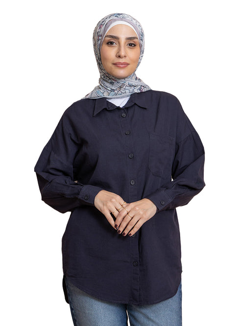 Indigo Pocket Over Size Linen Shirt