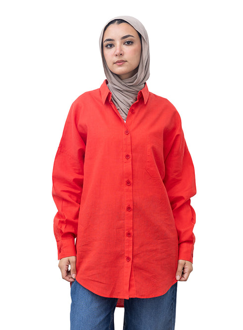 Melon Pocket Over Size Linen Shirt