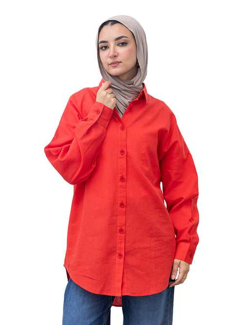 Melon Pocket Over Size Linen Shirt