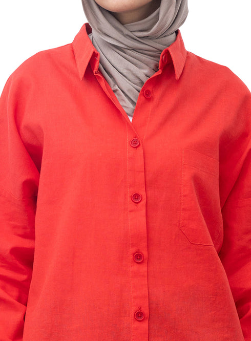 Melon Pocket Over Size Linen Shirt