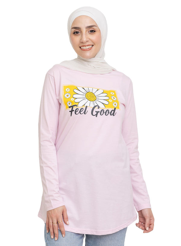 تي شيرت كم طويل مطبوع - بينك - تصميم 6