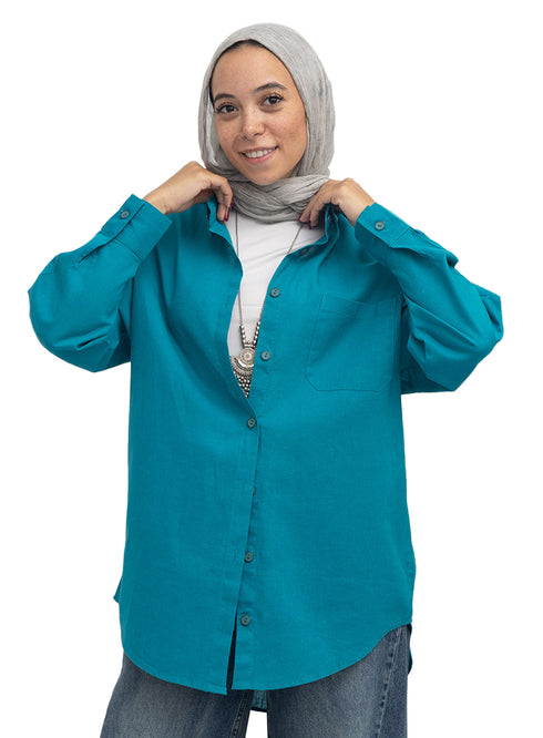 Tile Blue Pocket Over Size Linen Shirt