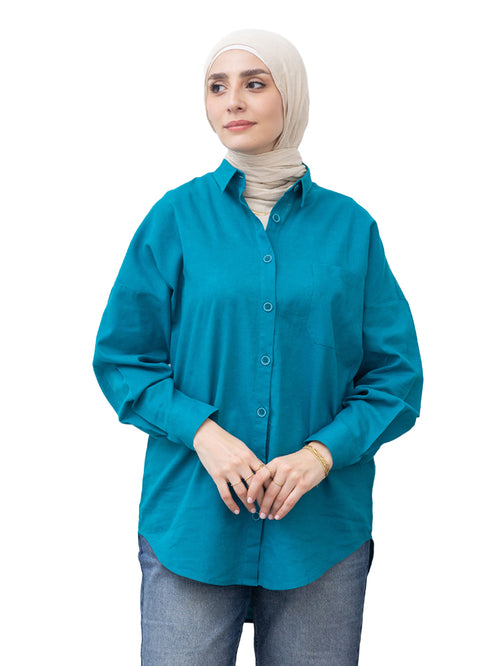 Tile Blue Pocket Over Size Linen Shirt