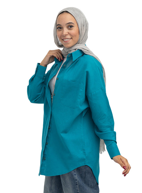 Tile Blue Pocket Over Size Linen Shirt
