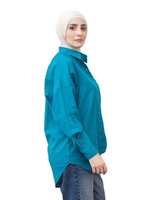 Tile Blue Pocket Over Size Linen Shirt