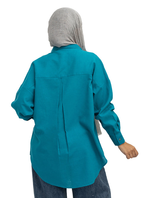 Tile Blue Pocket Over Size Linen Shirt