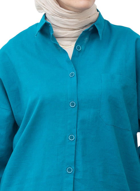 Tile Blue Pocket Over Size Linen Shirt