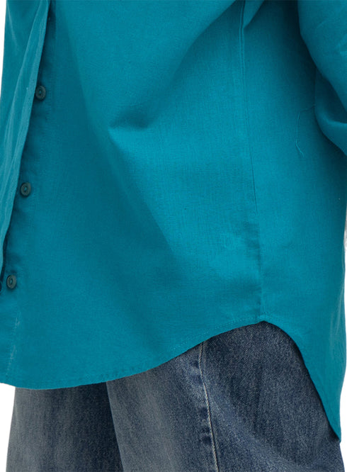 Tile Blue Pocket Over Size Linen Shirt