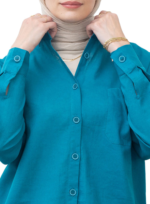 Tile Blue Pocket Over Size Linen Shirt