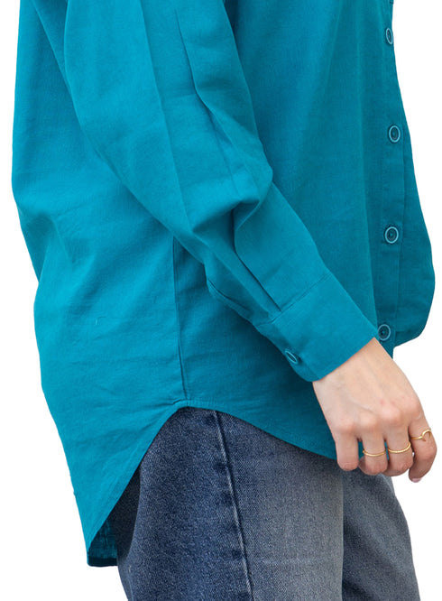 Tile Blue Pocket Over Size Linen Shirt