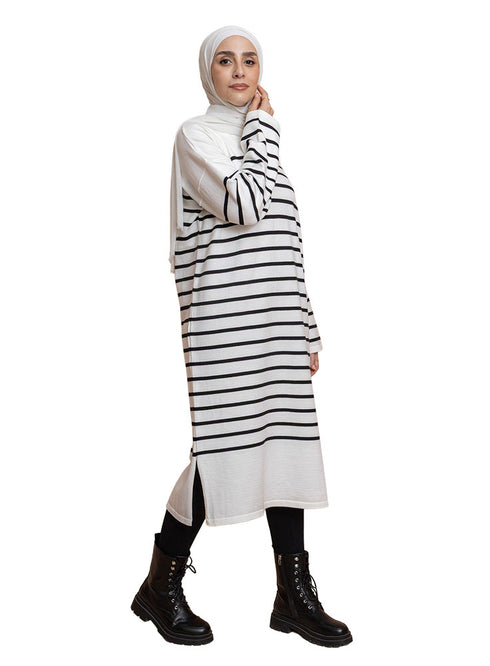 فستان مقلم طويل -أبيض