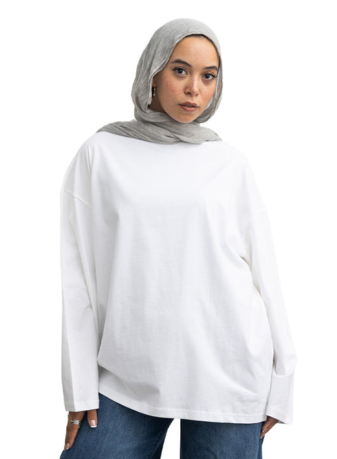 White V-Over Size Long-Sleeve
