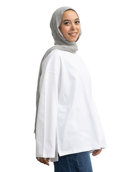 White V-Over Size Long-Sleeve