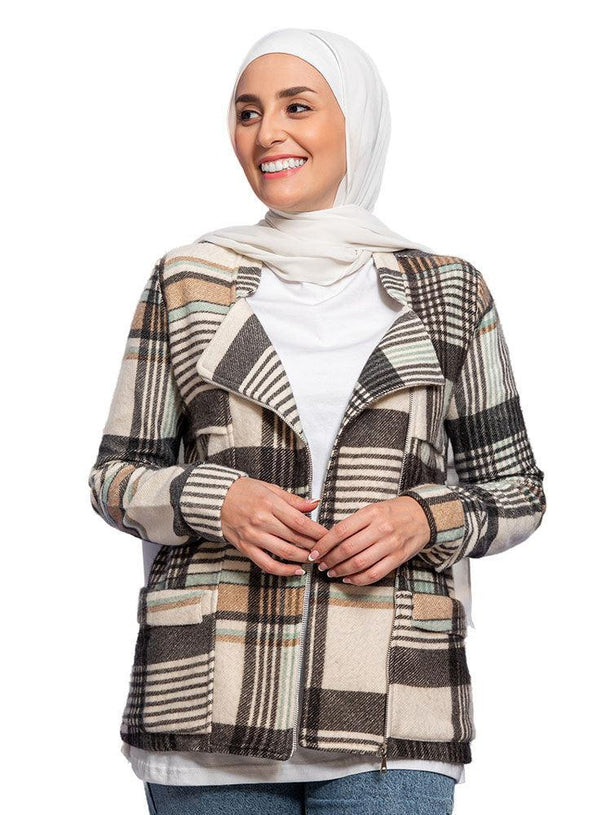 Aqua Zipper Checkered Jacket - Khotwh