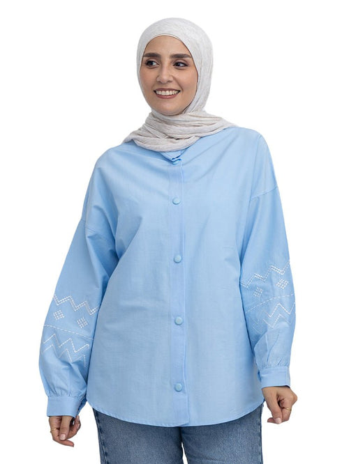 Baby Blue Embroidered Poplin Shirt - Khotwh