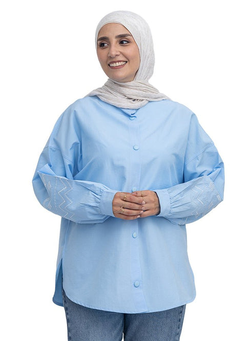 Baby Blue Embroidered Poplin Shirt - Khotwh