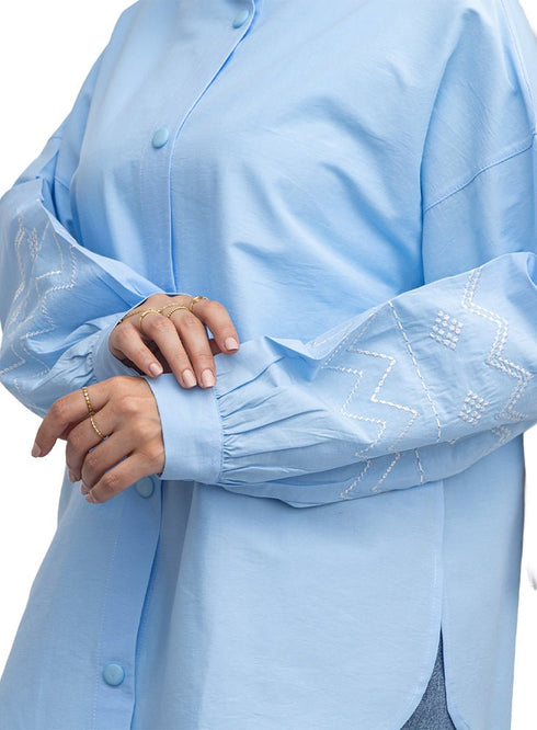 Baby Blue Embroidered Poplin Shirt - Khotwh