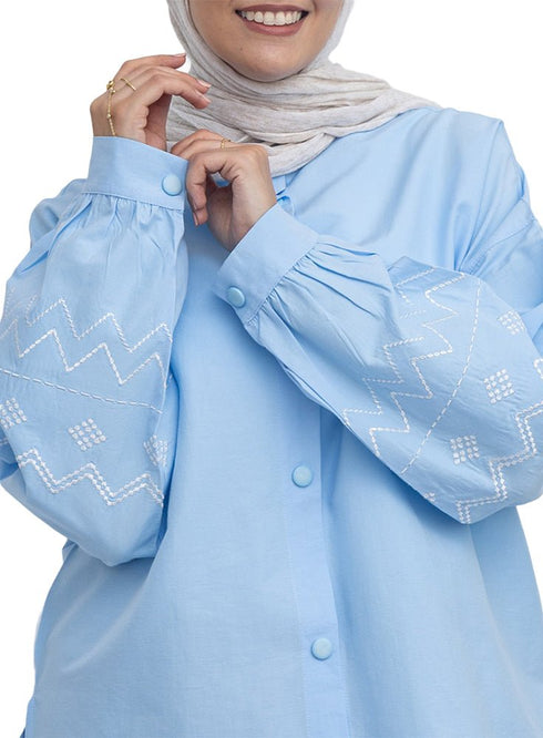 Baby Blue Embroidered Poplin Shirt - Khotwh
