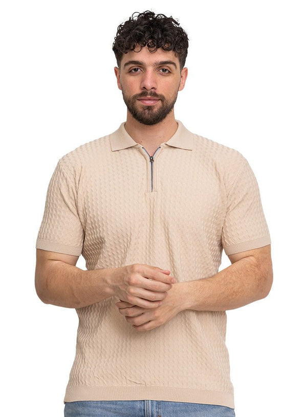 Beige Design 01011Knit Polo Neck Zipper - T-Shirt - Khotwh