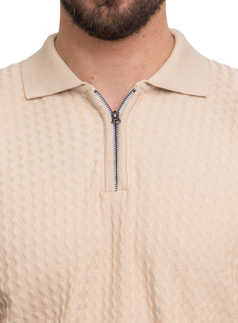 Beige Design 01011Knit Polo Neck Zipper - T-Shirt - Khotwh
