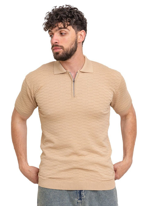 Beige Design 01024Knit Polo Neck Zipper - T-Shirt - Khotwh