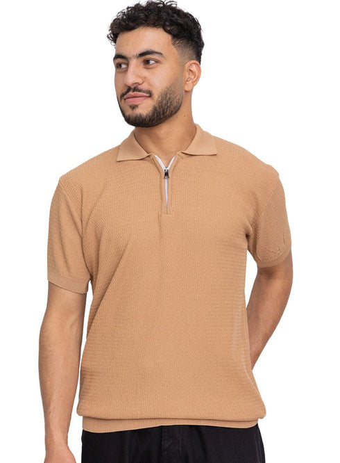 Beige Design 01025Knit Polo Neck Zipper - T-Shirt - Khotwh